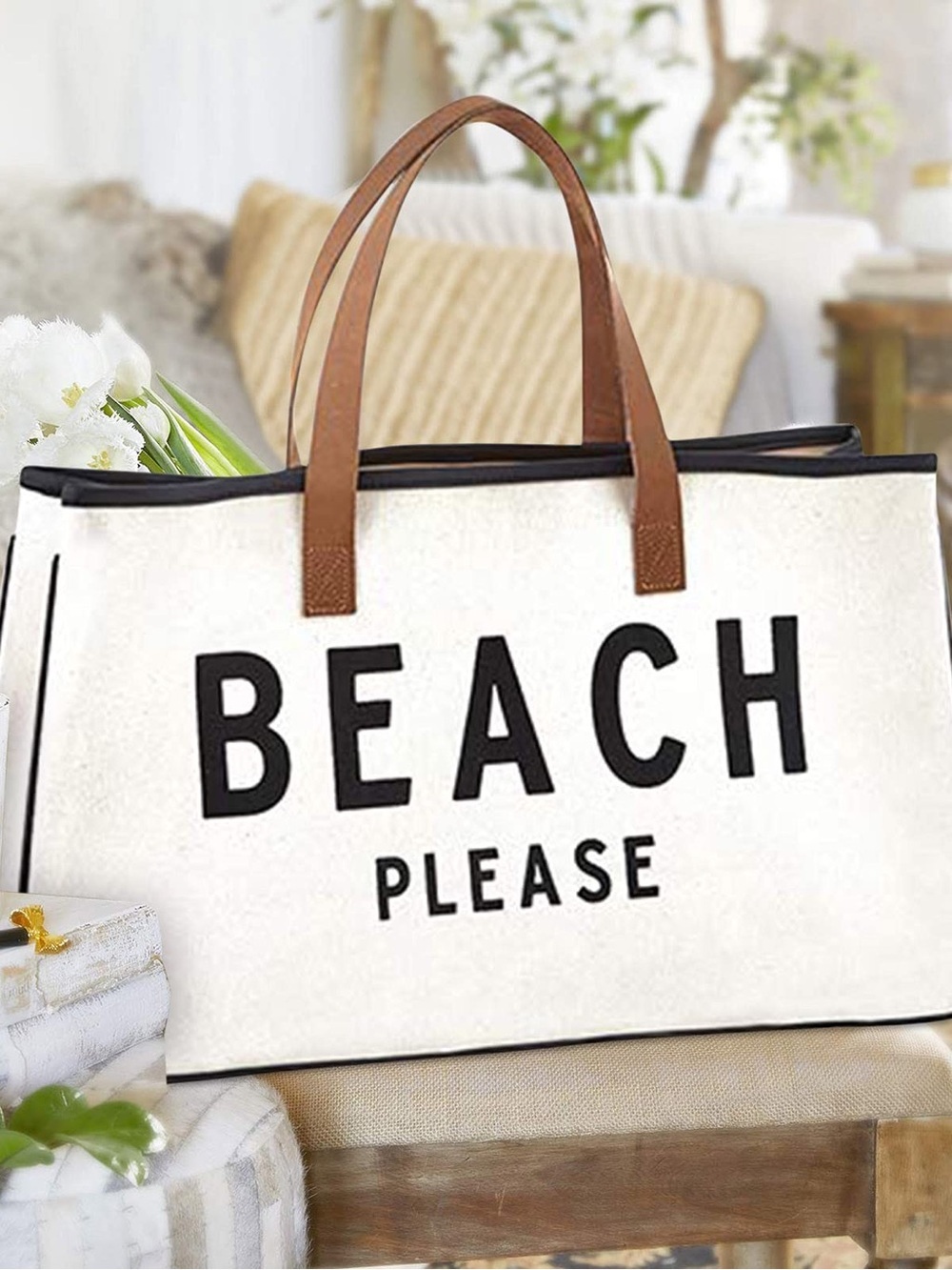 Santa Bárbara Cream Canvas Tote Bag with Brown Handles — 'Beach Please'